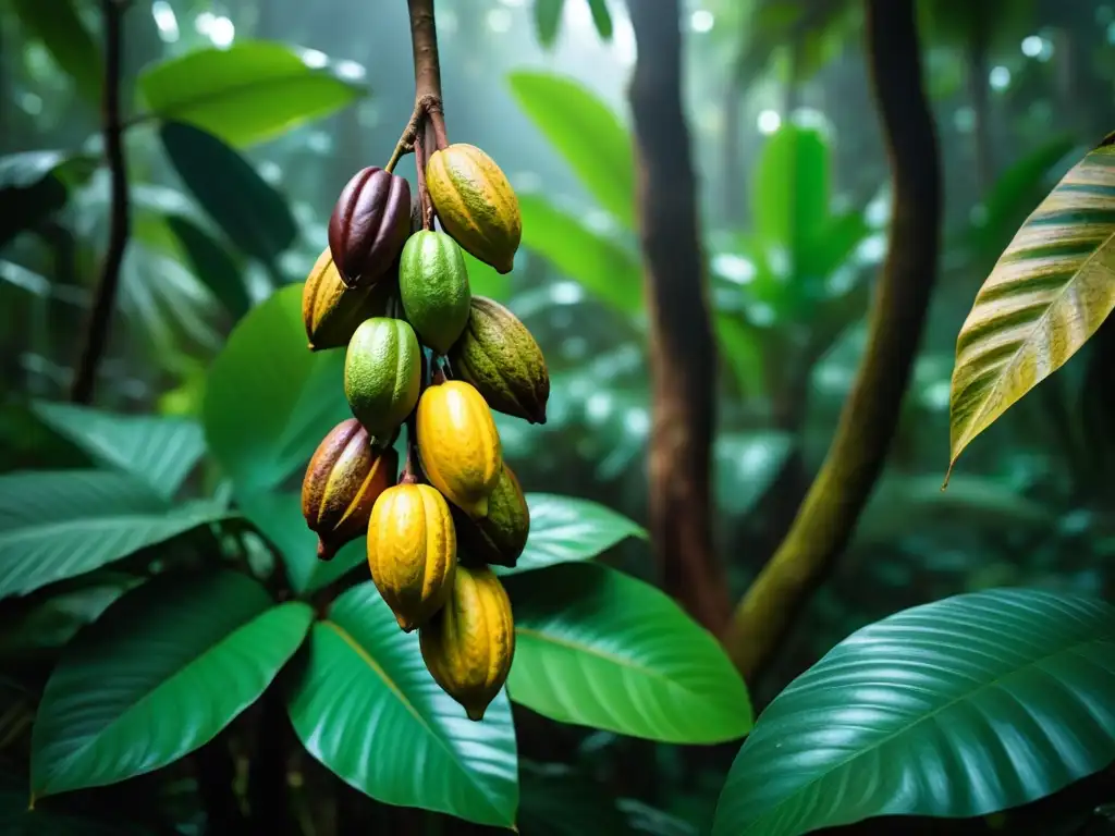 Un cacao puro superfood vegan: detalle de un árbol de cacao cargado de vainas maduras en la exuberante selva tropical