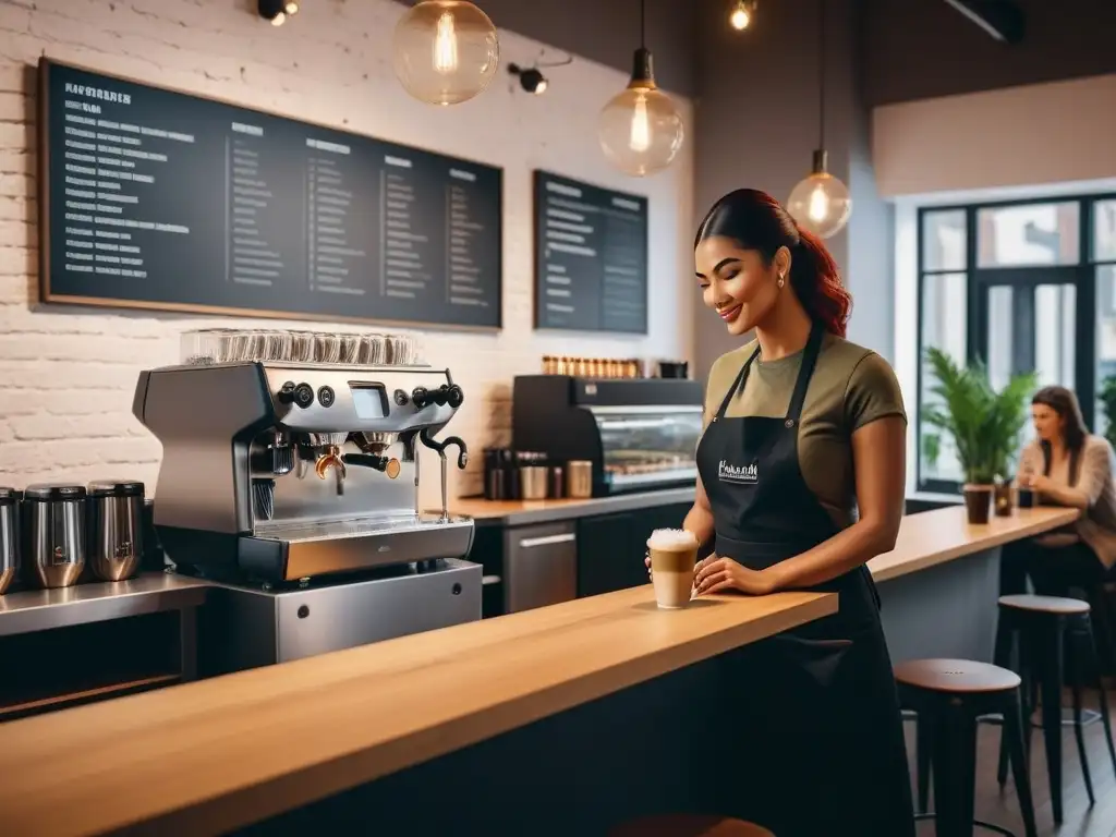 Un café moderno con decoración acogedora, menú vegano y barista preparando arte latte vegano