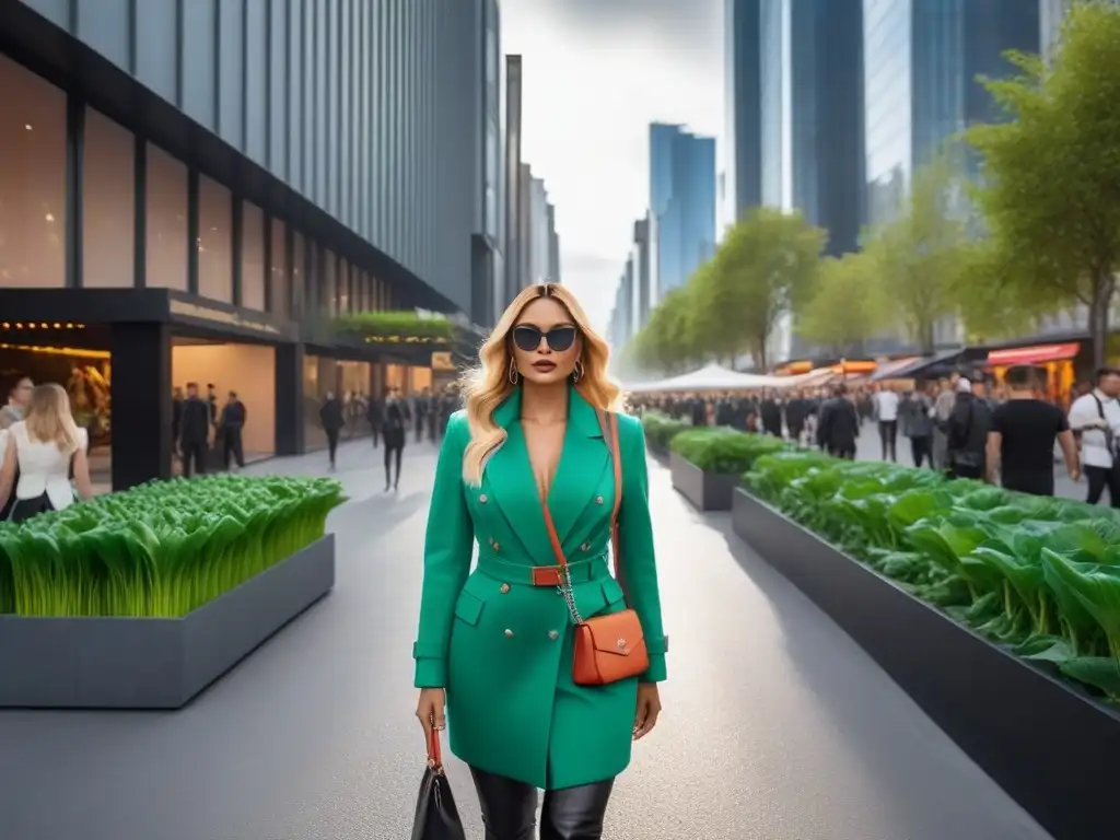 Una calle bulliciosa de ciudad con moda vegana y cambio climático en edificios ecológicos futuristas y vegetación exuberante