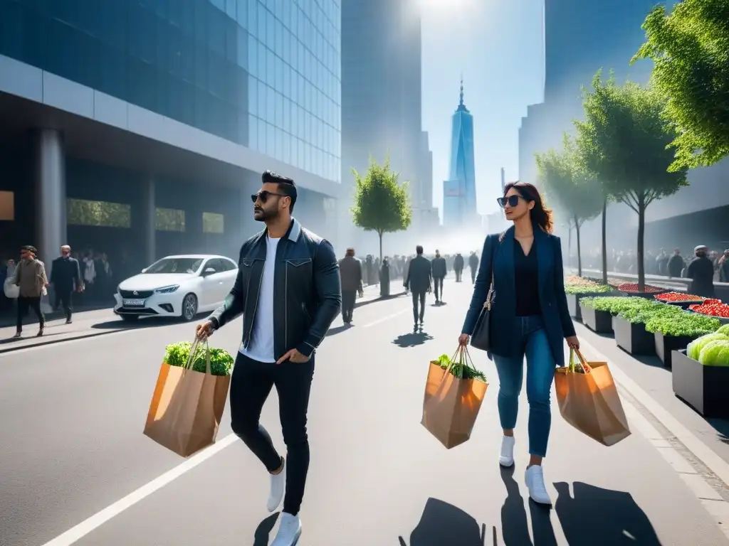 Una calle de la ciudad bulliciosa con rascacielos modernos y huertos urbanos rebosantes de plantas