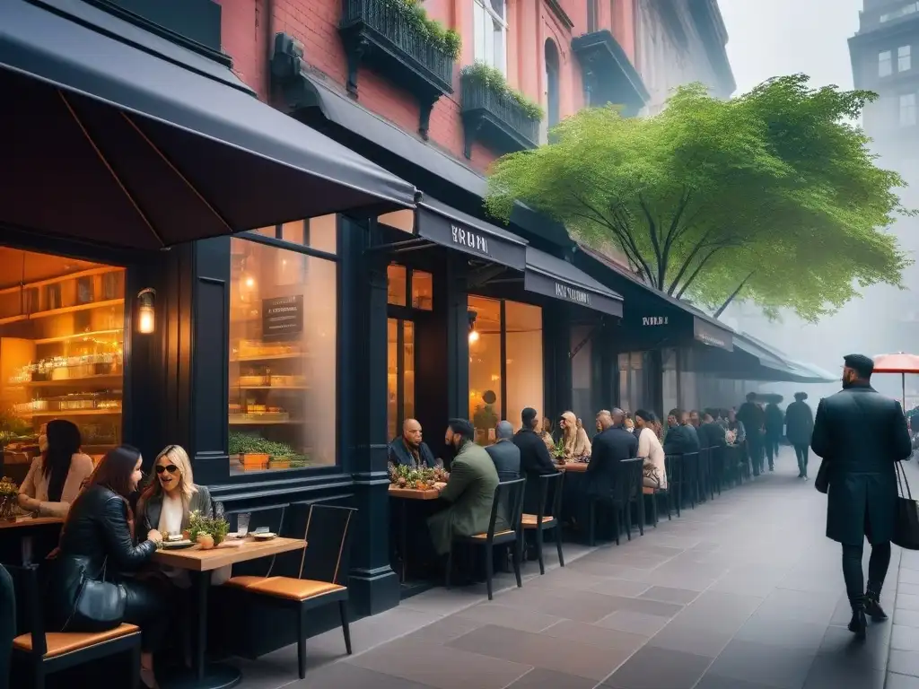 Una calle urbana bulliciosa con modernos y elegantes cafés y restaurantes veganos, mostrando platos a base de plantas