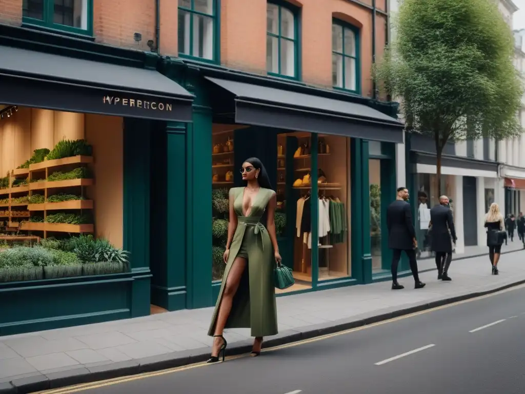 Una calle urbana bulliciosa con tiendas modernas y moda vegana sostenible y consciente, reflejando innovación y sustentabilidad