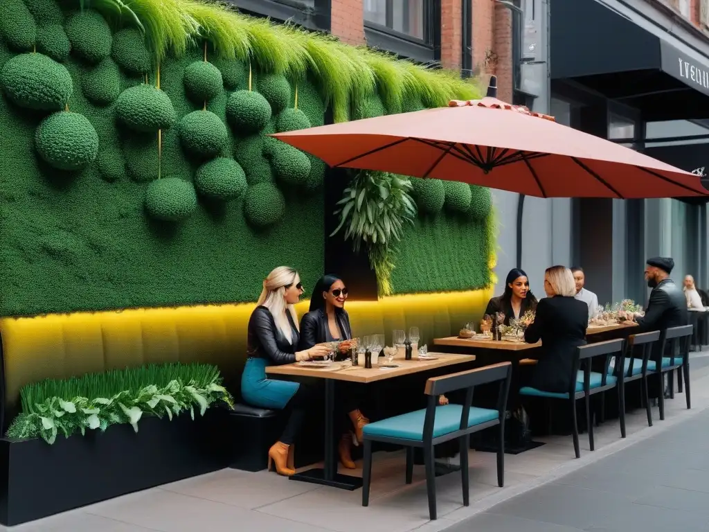 Una calle urbana vibrante con restaurantes veganos innovadores y coloridos platos, atrayendo a diversos comensales