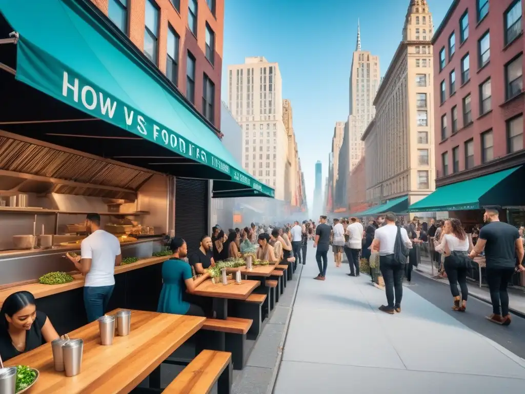 Una calle vibrante de Nueva York llena de restaurantes y food trucks veganos, con platos coloridos