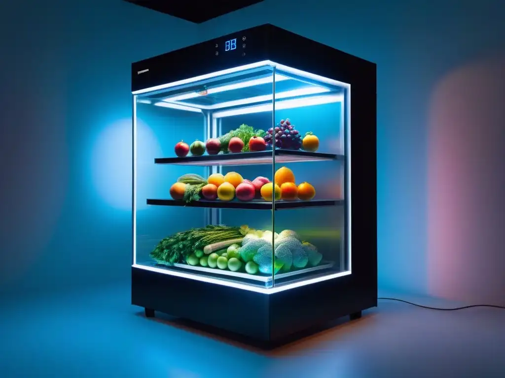 Una cámara futurista de conservación de alimentos veganos modernos en una cocina de alta tecnología