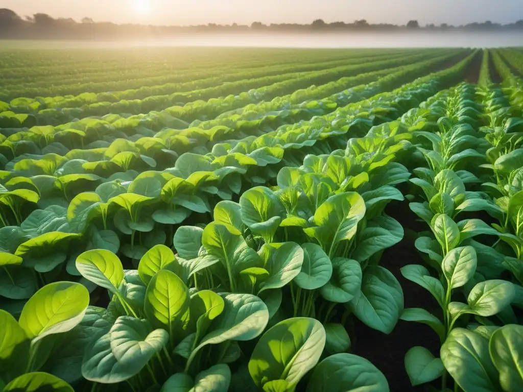 Un campo de espinacas vibrantes y detalladas, ricas en Omega3 veganas, brilla bajo el sol, transmitiendo frescura y vitalidad