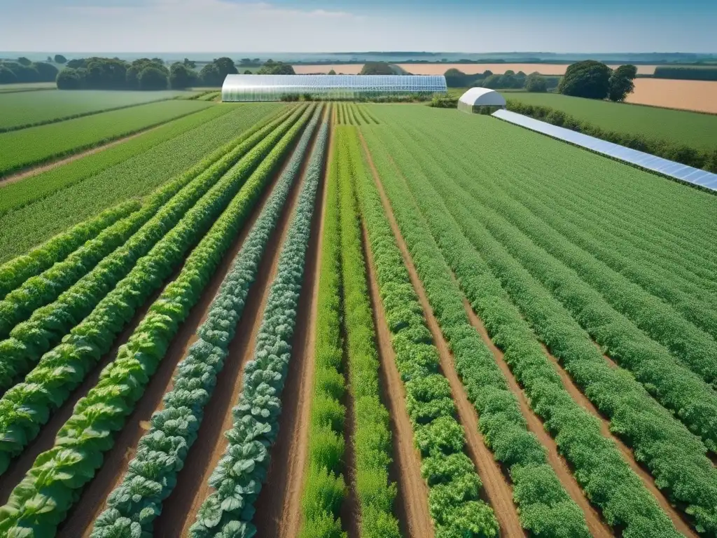 Un campo exuberante y diverso, con cultivos vibrantes y un invernadero sostenible al fondo