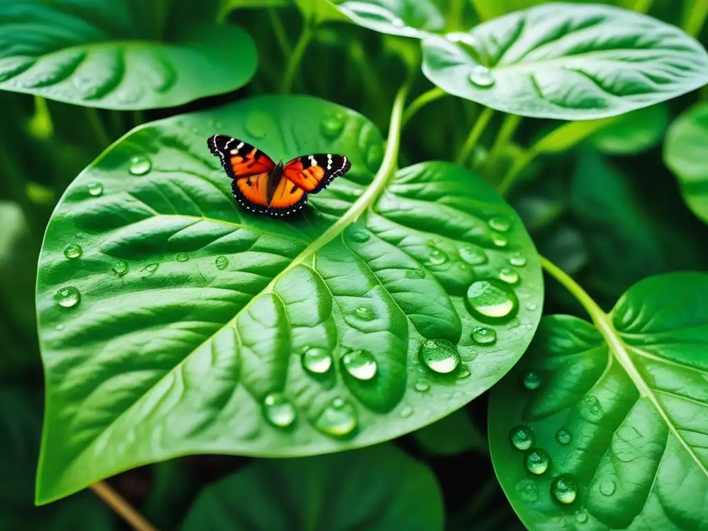 Un campo exuberante de espinacas orgánicas con clorofila, brillando al sol, mariposas revoloteando