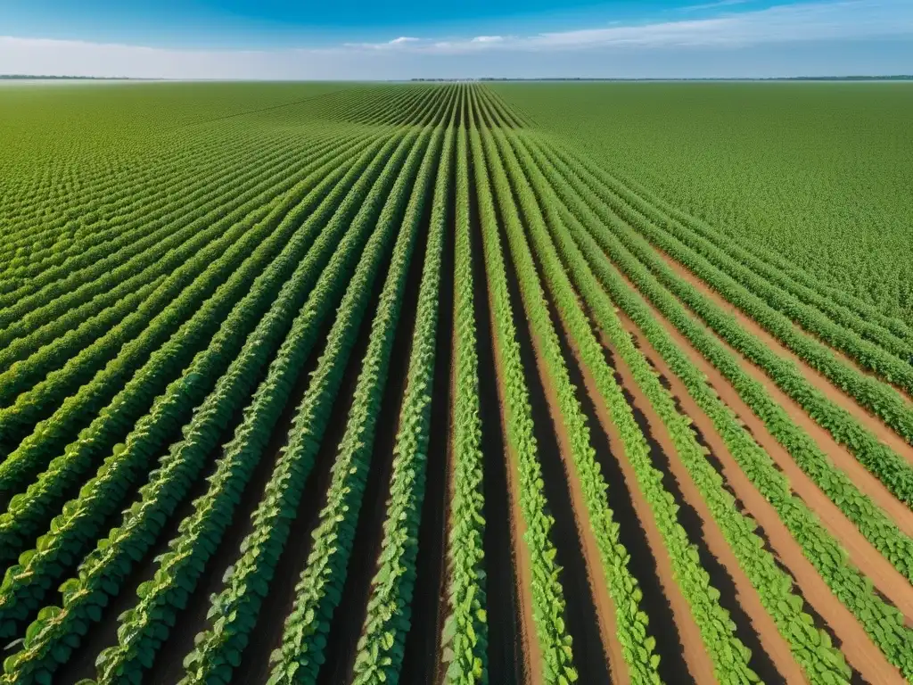 Un campo exuberante de plantas de soja bajo el sol dorado, mostrando innovación en la agricultura de soja