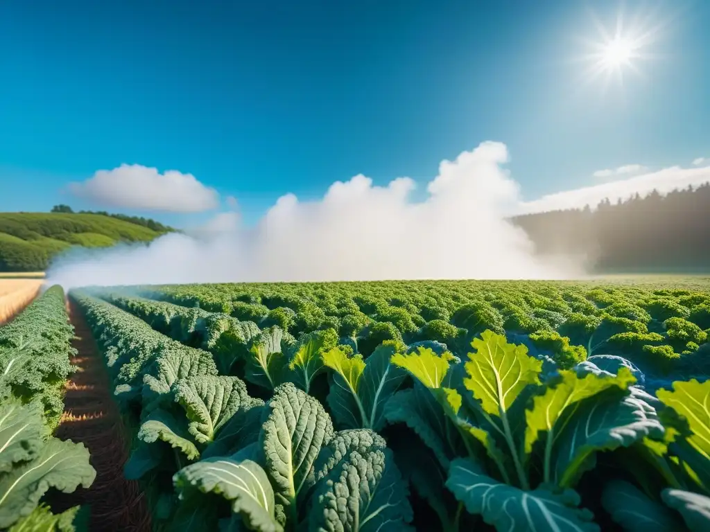 Un campo exuberante con superalimentos como kale, quinoa y arándanos bajo un cielo azul