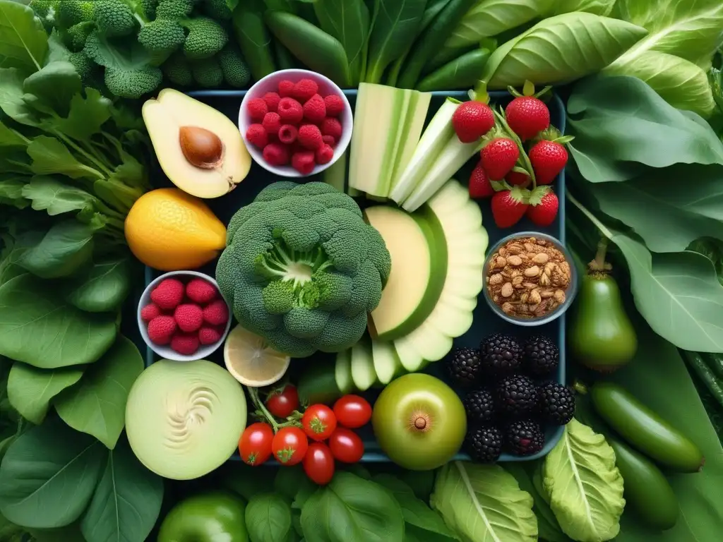 Un campo frondoso con frutas y verduras coloridas, bañado por la luz del sol