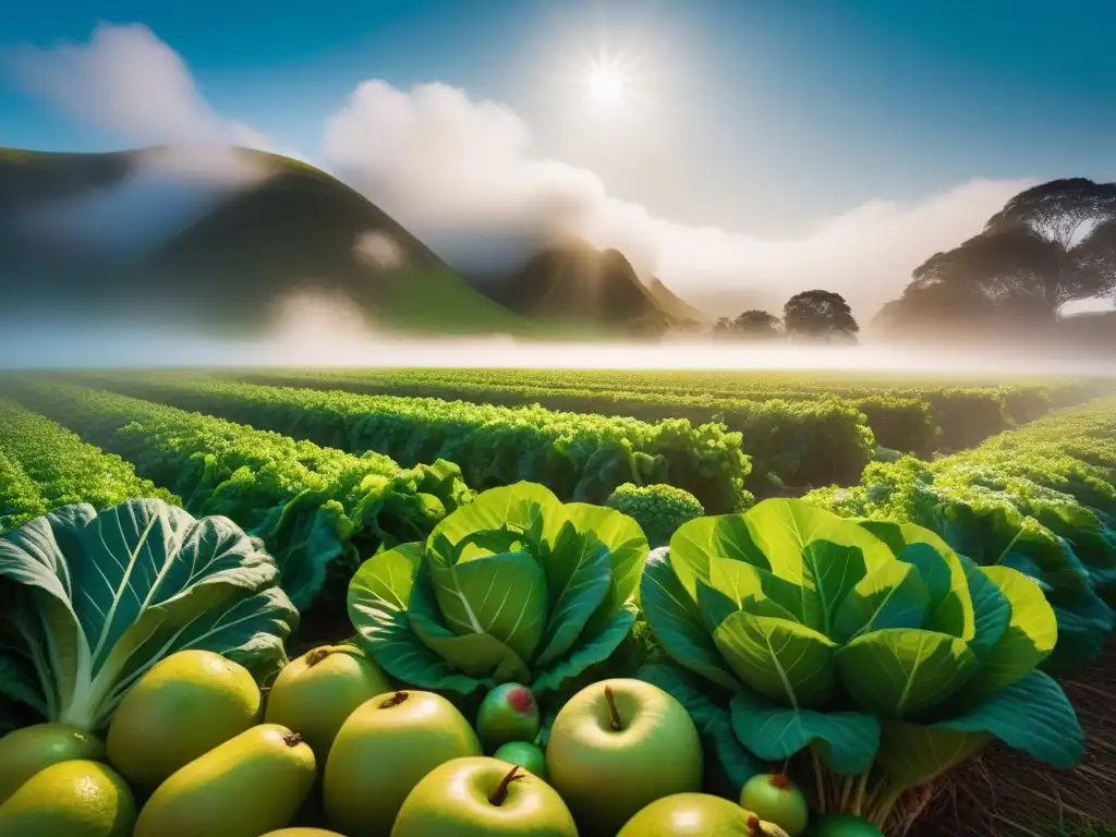 Campo frondoso con frutas y verduras coloridas, vitalidad y salud