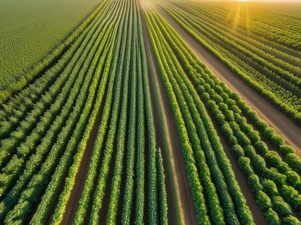 Plantación de legumbres: belleza y sostenibilidad Un campo de legumbres vibrante y sereno bajo la luz dorada del sol