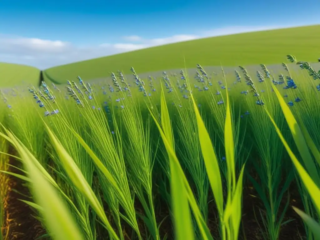 Un campo de lino vibrante con plantas altas y semillas brillantes, un paraíso vegano de omega 3