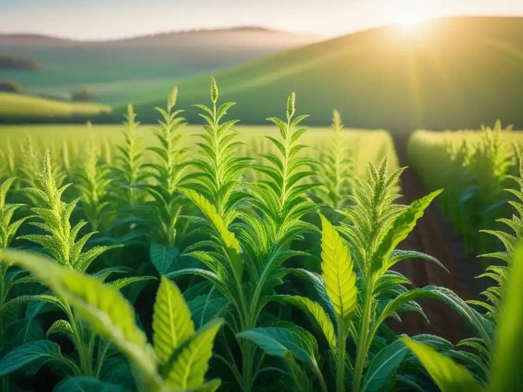 Un campo de quinua exuberante al atardecer, con el sol proyectando una cálida luz sobre las plantas verdes vibrantes