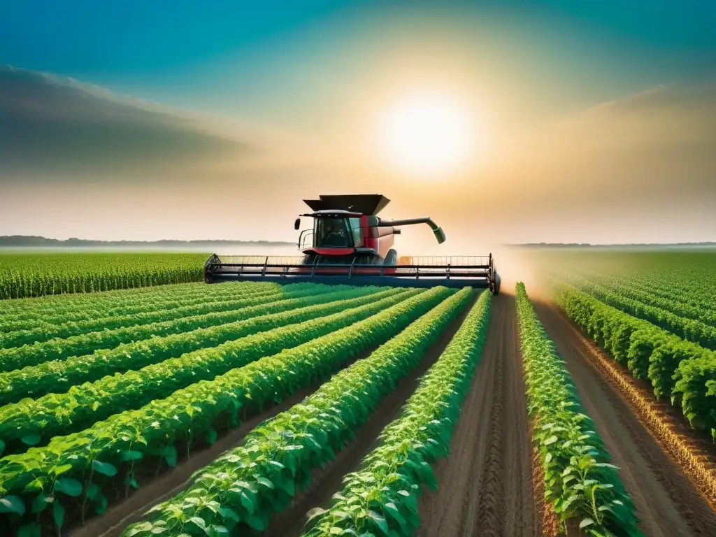 Un campo de soja verde vibrante se extiende bajo el cielo azul, con el sol iluminando las plantas