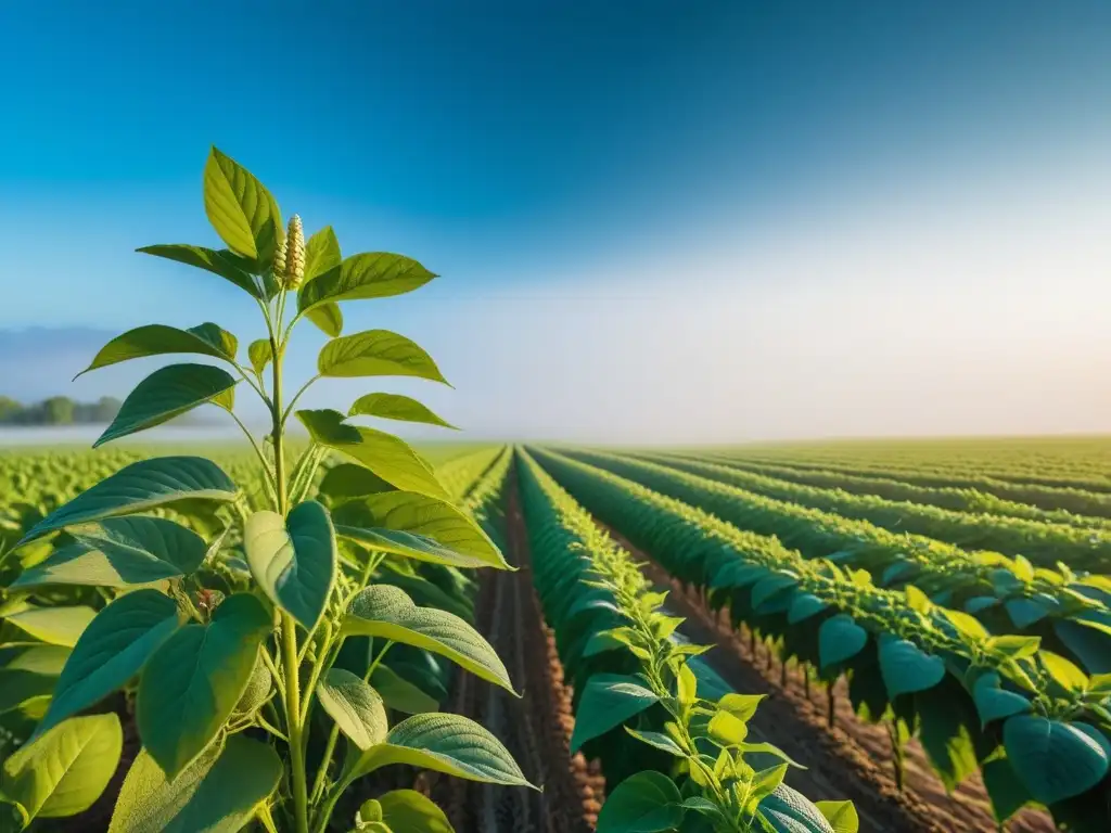 Un campo de soja vibrante y detallado bajo un cielo azul claro, destacando la belleza natural de la soja como fuente de proteínas