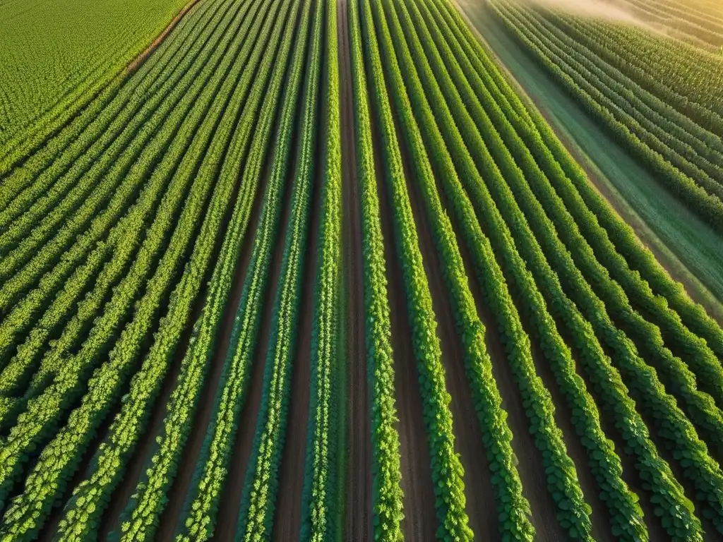 Un campo de soja vibrante bajo el sol, destaca la vitalidad de la cosecha