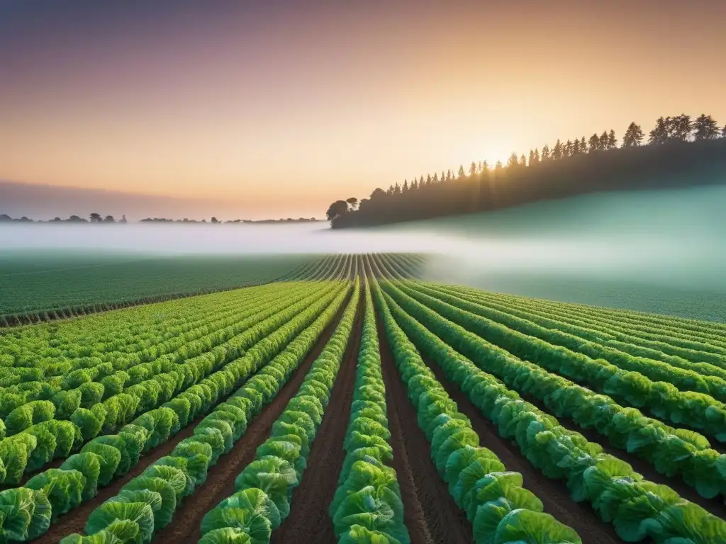 Un campo vegano vibrante, armonioso y sostenible con verduras y frutas, iluminado por el sol al atardecer