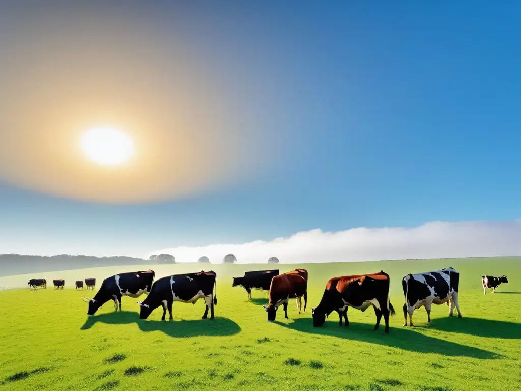 Un campo verde extenso con vacas pacíficas, reflejando tranquilidad y libertad