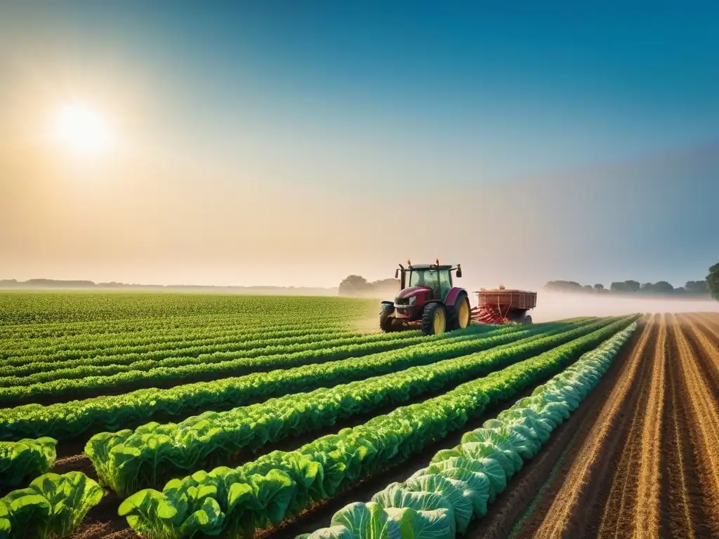 Un campo verde exuberante donde agricultores diversos cosechan juntos, mostrando unidad y colaboración en la agricultura sostenible