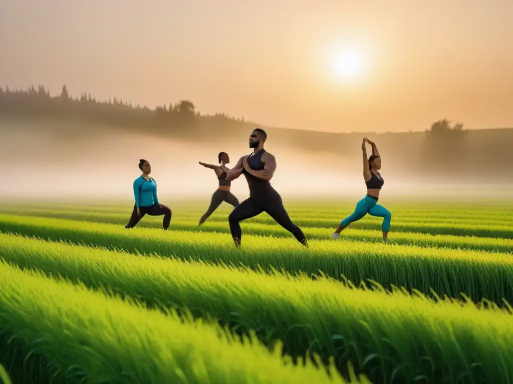 Un campo verde exuberante al atardecer, donde personas diversas practican yoga, corren y juegan al disco, irradiando vitalidad y alegría