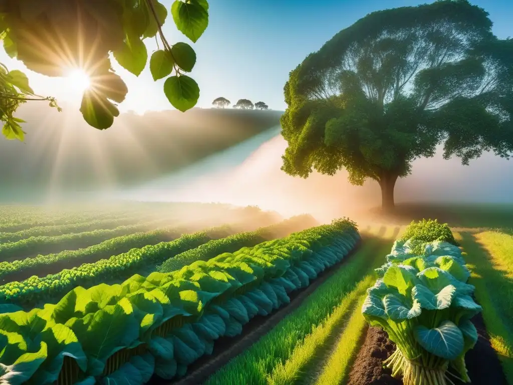 Un campo verde exuberante bajo un cielo azul brillante, con frutas y verduras vibrantes en primer plano