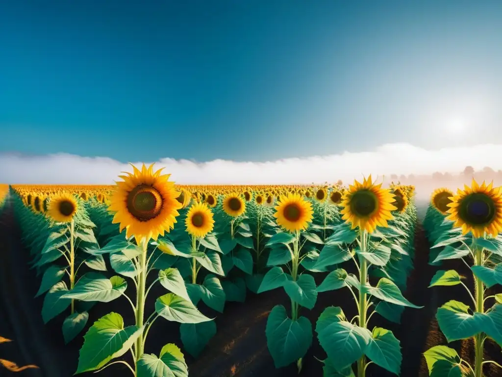 Un campo verde exuberante bajo un cielo azul, con un girasol vibrante representando la vitalidad y beneficios de los suplementos Omega3 veganos