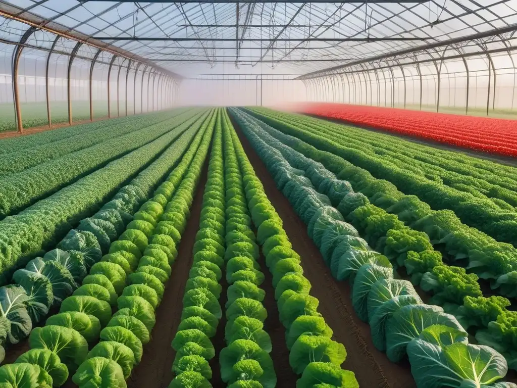 Un campo agrícola verde exuberante con cultivos vibrantes y un invernadero moderno, simbolizando la sostenibilidad de la dieta vegana