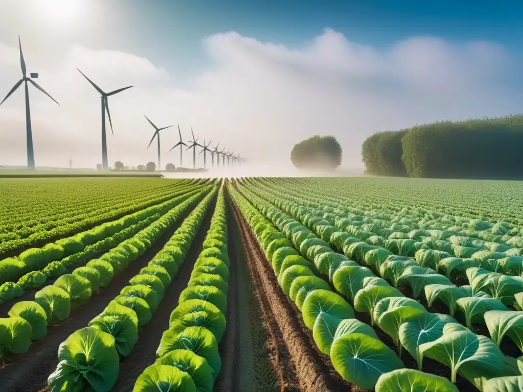 Un campo verde exuberante con hortalizas vibrantes creciendo bajo el sol