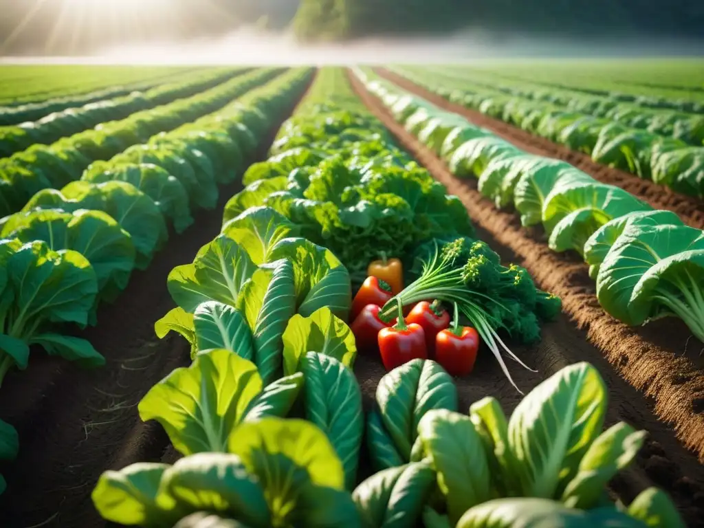 Un campo verde exuberante repleto de vegetales coloridos, irradiando frescura y conciencia ambiental en la alimentación vegana