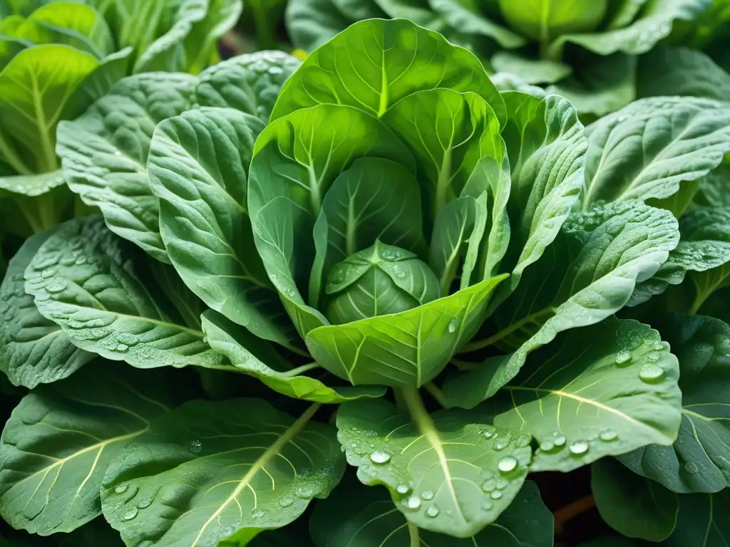 Campo verde exuberante con verduras frescas brillantes en rocío