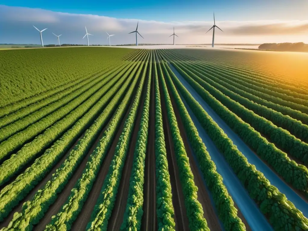 Un campo agrícola verde y frondoso bajo cielo azul, con vegetales y frutas vibrantes en filas simétricas