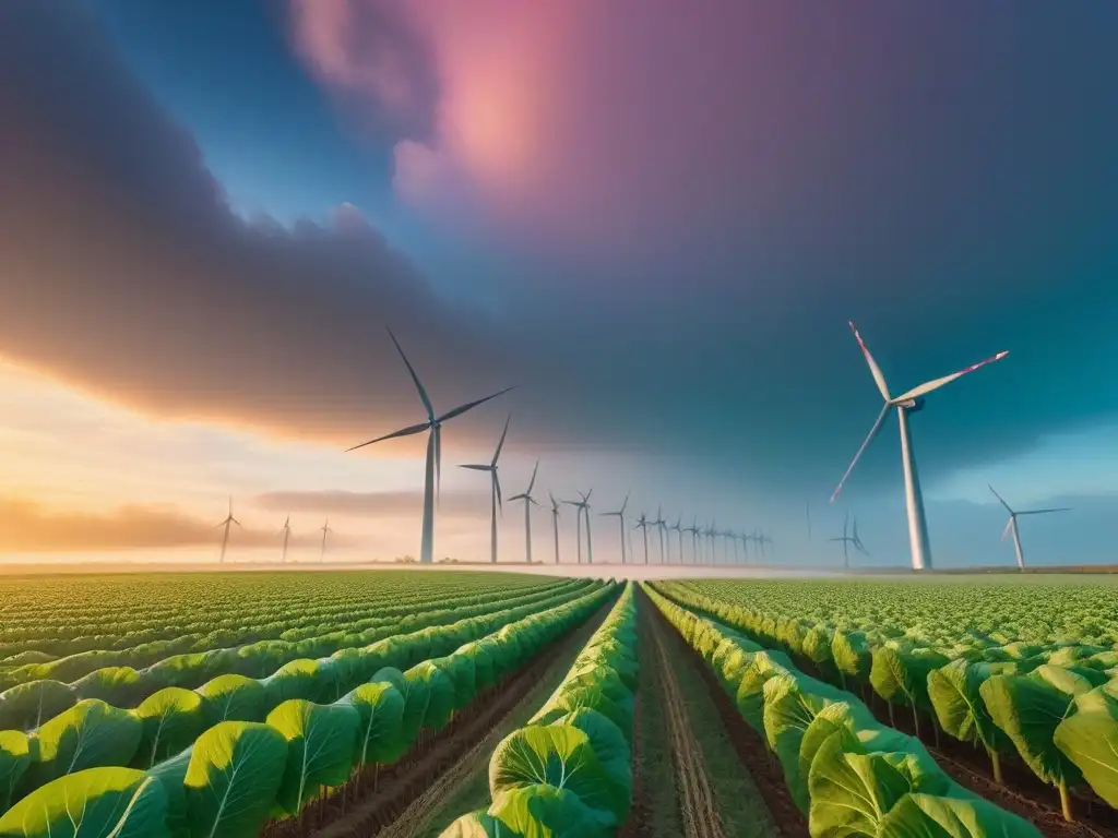 Un campo verde con frutas y verduras junto a un molino de viento al atardecer