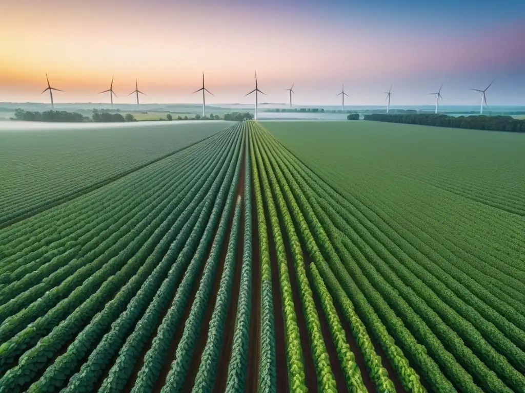 Campo verde con hortalizas vibrantes y molino de viento, dieta vegana autosuficiencia energética