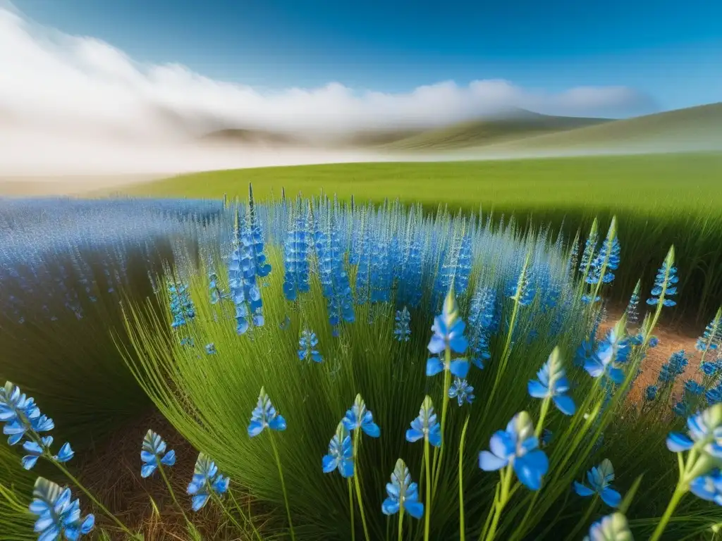 Campo verde de lino con flores azules bajo cielo despejado