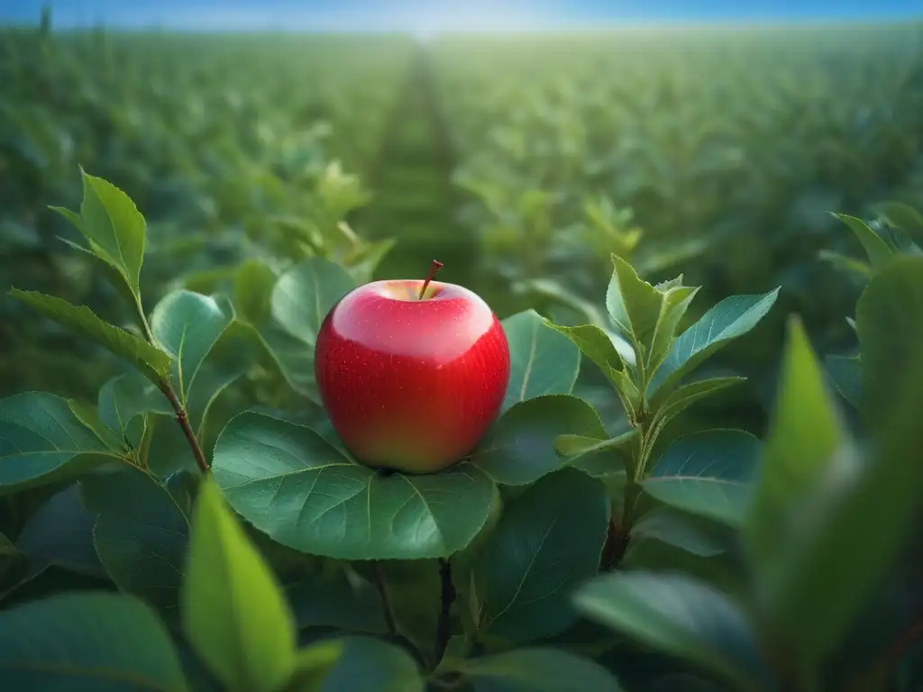 Campo verde con manzana roja brillante, fuentes de vitamina B12 veganos