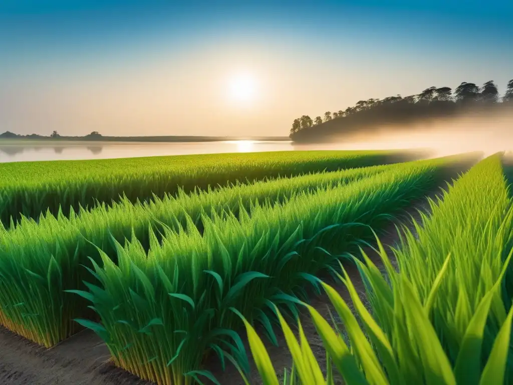 Un campo verde vibrante bañado por la luz dorada del sol, con plantas de lino repletas de semillas azules omega3, reflejando en un lago sereno