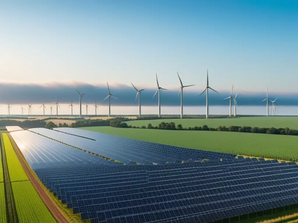 Un campo verde vibrante con molinos de viento, gente alrededor de paneles solares