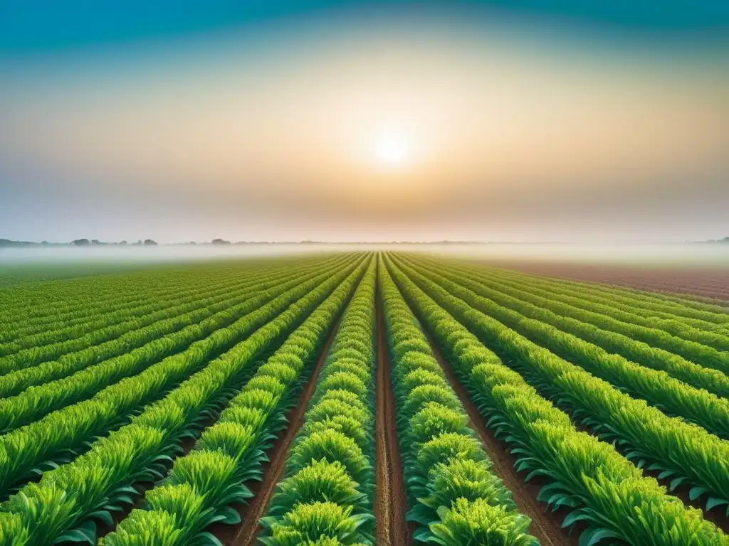 Un campo verde vibrante salpicado de cultivos coloridos, iluminado por el sol, refleja la sostenibilidad de una dieta vegana