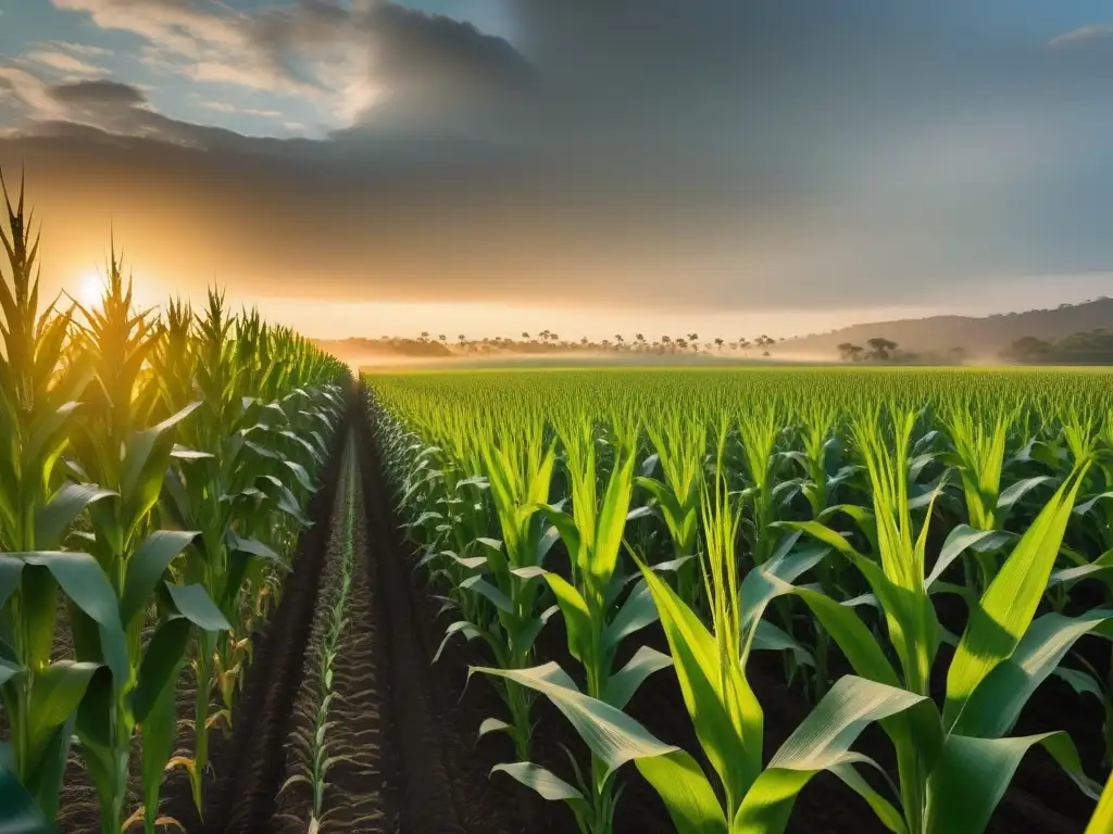 Un campo de maíz vibrante al atardecer en América Latina con textiles indígenas y herramientas, ideal para 'Recetas veganas con maíz autóctono