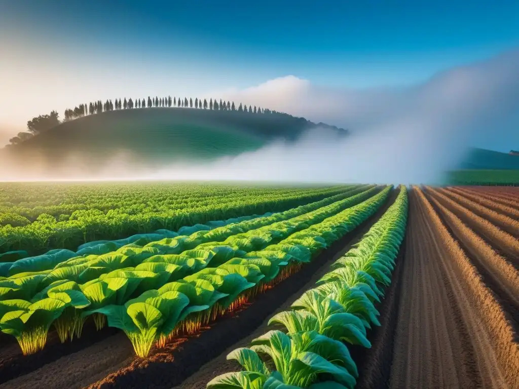 Un campo vibrante y exuberante de cultivos diversos creciendo en suelo saludable, mostrando los beneficios del veganismo en la salud del suelo y la agricultura regenerativa