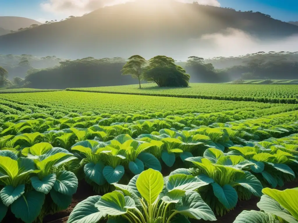 Un campo vibrante de raíces de maca, resaltando su belleza natural y vitalidad bajo el sol