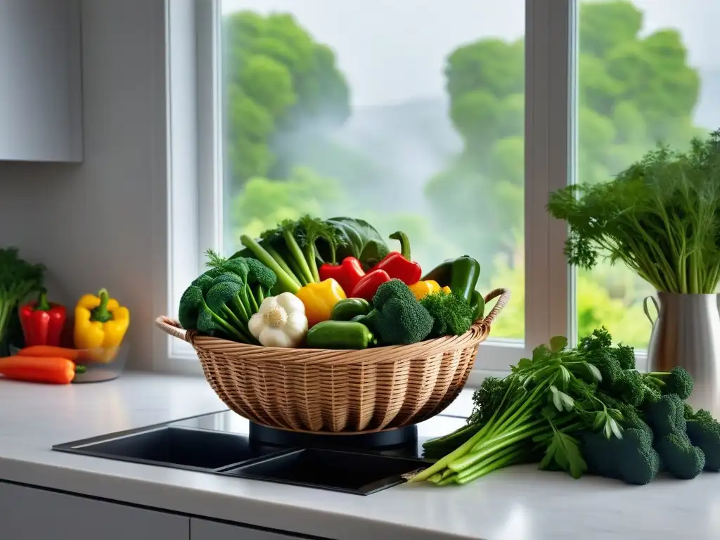 Una canasta al vapor llena de coloridas verduras, rodeada de hierbas frescas, en una cocina moderna