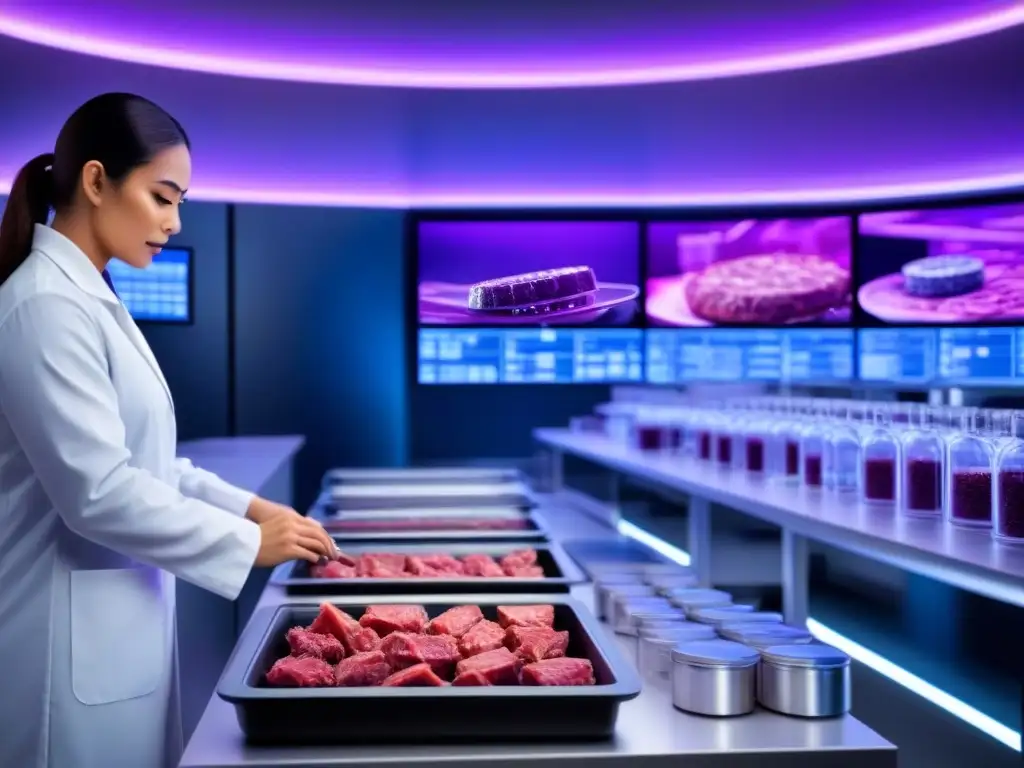 Investigación de carne cultivada en laboratorio vegana en ambiente futurista con científicos y tecnología avanzada