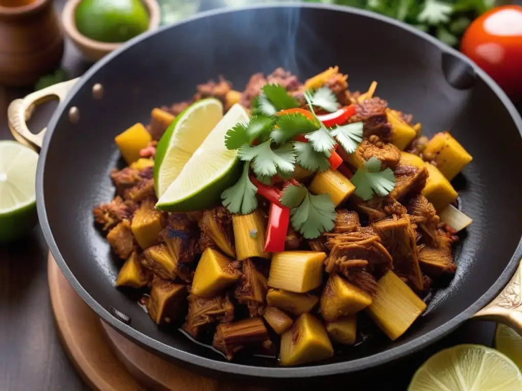 Carnitas veganas receta fácil: Sartén con jackfruit crujiente y especiado, cilantro fresco y limón