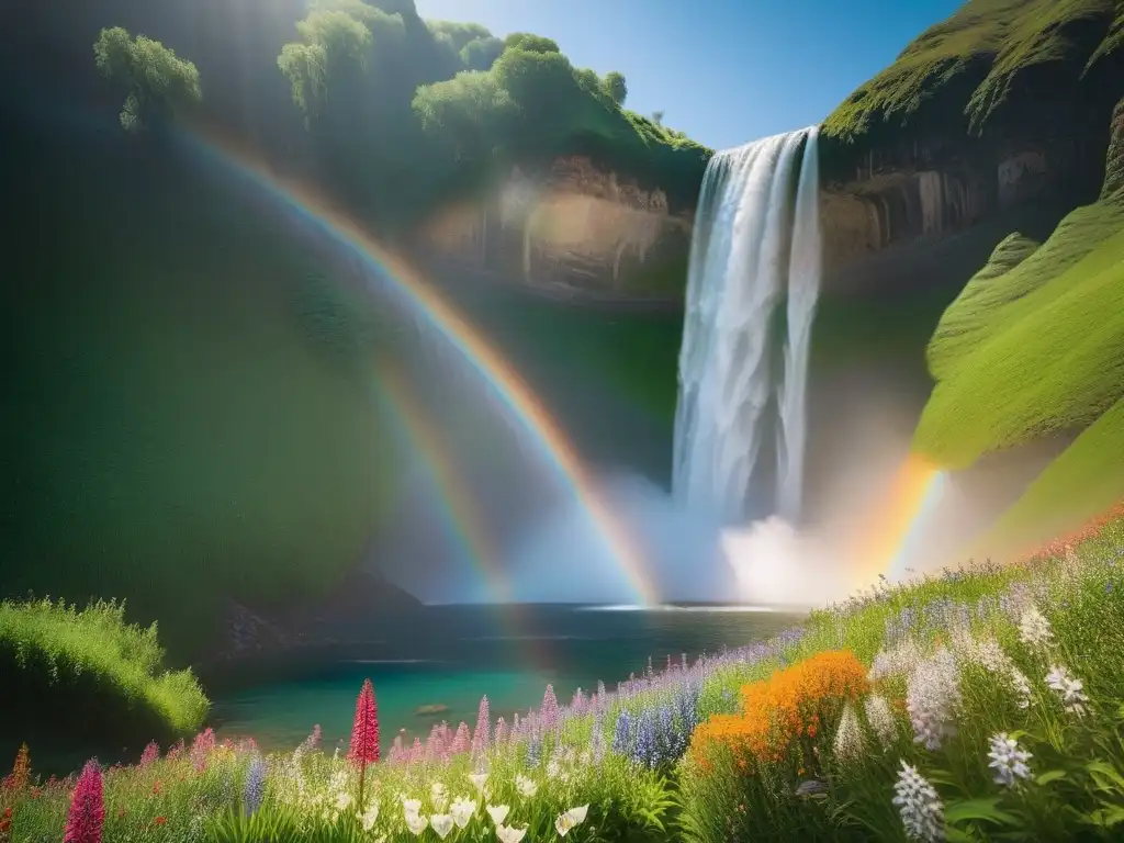 Cascada cristalina en la montaña, rodeada de flores silvestres y aves cantando