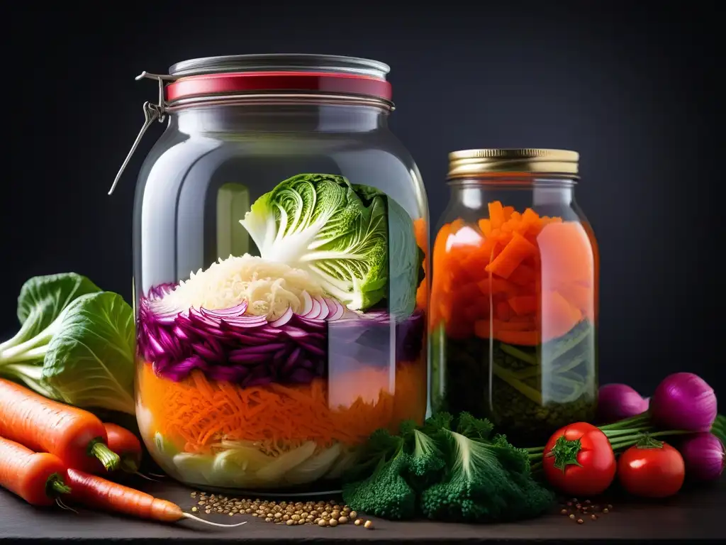 Fermentación casera de kimchi vegano: Ilustración detallada de verduras coloridas siendo preparadas en un frasco con líquido burbujeante