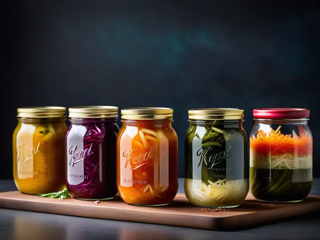 Deléitate con la fermentación casera de kimchi vegano en vibrantes colores y texturas, presentada con elegancia