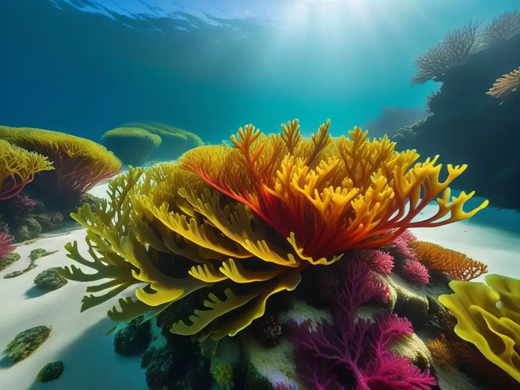 Un cautivador paisaje submarino con algas marinas coloridas y peces nadando